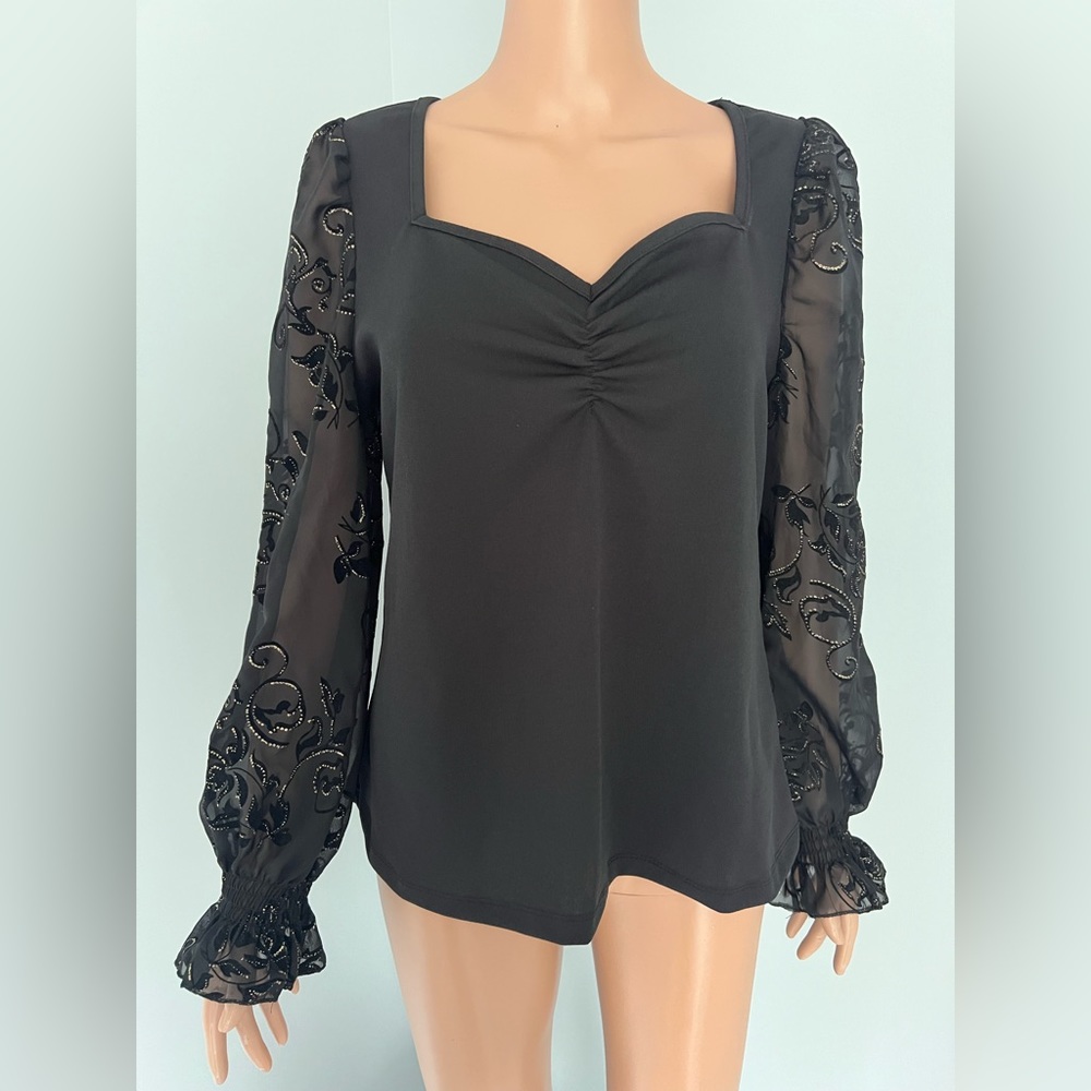 A LOVE STORY Black Flowered Ruffled Elastic Long Sleeves…